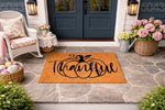 Thankful pumpkin doormat for fall porch decor, featuring a natural coir welcome mat with black script text and a pumpkin design, perfect for autumn home entryways, farmhouse front door mats, and seasonal outdoor floor rugs.