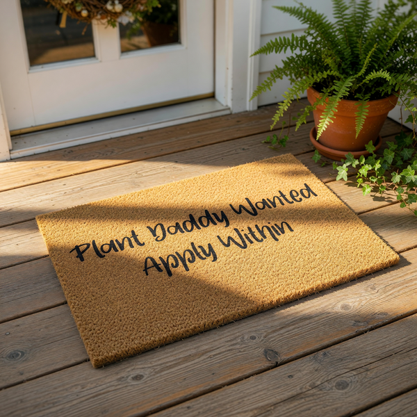 Plant Daddy Wanted Apply Within coir doormat for houseplant lovers, featuring a natural fiber welcome mat with black text that makes a funny housewarming gift for gardeners, plant parents, and indoor jungle enthusiasts alike.