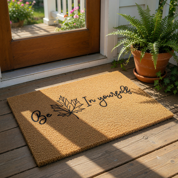 Fall leaf doormat with the inspirational quote Be Leaf In Yourself, featuring a natural coir fiber welcome mat design that is perfect for autumn porch decor and seasonal entryway floor mats for your home entrance.