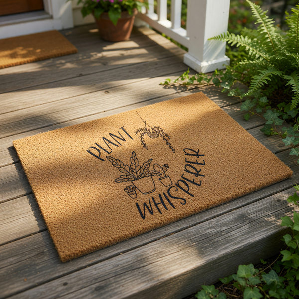 Plant Whisperer coir doormat featuring a cute houseplant illustration, this natural fiber welcome mat is a funny garden decor piece for plant lovers, perfect as a front porch rug or indoor entryway floor mat for home gardeners.