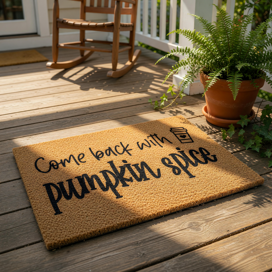 A textured door mat with the text "Come back with pumpkin spice" printed on it.
