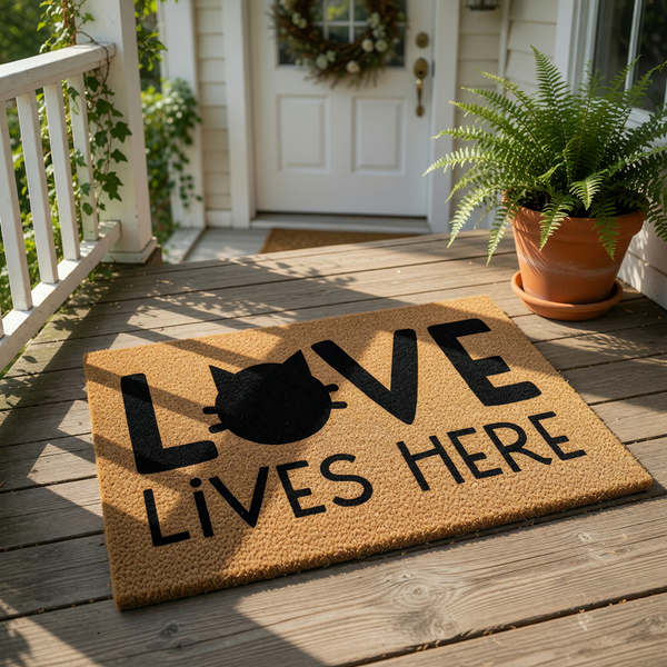 Cat lover welcome doormat featuring the text Love Lives Here with a black cat silhouette replacing the letter O, this natural coir fiber entry mat is a funny pet themed floor rug for your front porch or home entryway decor.