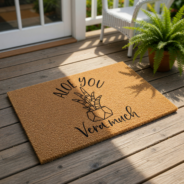 Aloe You Vera Much coir doormat featuring a cute succulent plant illustration on a natural fiber welcome mat, perfect for a front porch entry, housewarming decor, or a funny plant lover gift for your home entrance and outdoor
