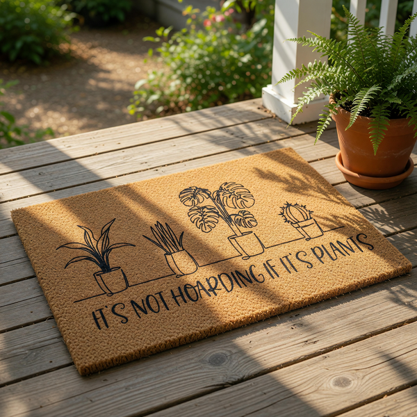 Plant lover doormat with a funny quote about hoarding plants, featuring line art of potted houseplants on a natural coir welcome mat, perfect for a gardener or indoor plant enthusiast looking for a stylish front porch decor