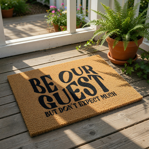 Funny Be Our Guest doormat with humorous text on a natural coir fiber welcome mat, perfect for a front porch entryway.