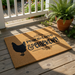 Chicken lover doormat with a black hen silhouette and text reading Peace Love and Chickens, this natural coir fiber welcome mat is a farmhouse style porch decor piece for farm animal enthusiasts and rustic home entryway floor