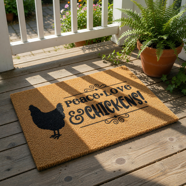 Chicken lover doormat with a black hen silhouette and text reading Peace Love and Chickens, this natural coir fiber welcome mat is a farmhouse style porch decor piece for farm animal enthusiasts and rustic home entryway floor