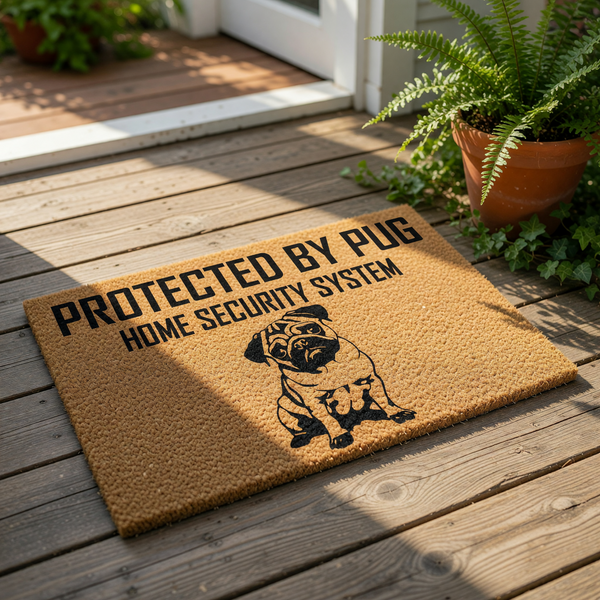 Pug dog welcome doormat featuring a funny home security system quote printed on natural coir fiber.