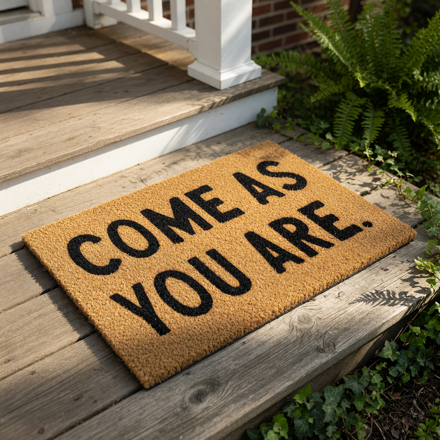 Come As You Are coir doormat with bold black text on a natural brown fiber background, perfect as a funny front porch welcome mat or housewarming entry rug for a modern home entrance that needs a durable, stylish outdoor floor