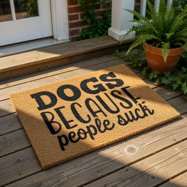Funny dog lover doormat with the text Dogs Because People Suck printed in black on a natural coir fiber welcome mat, displayed on a front porch wood deck for a humorous home entrance decor piece that makes a great pet owner