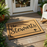 Personalized family name coir doormat featuring a black rectangular border and script text, this custom welcome mat is a durable outdoor floor rug for a front porch entrance that adds a stylish touch to any home decor.