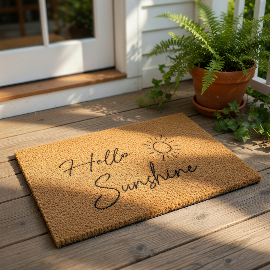 Hello Sunshine coir doormat with a natural fiber texture and black script lettering, featuring a sun icon design for a front porch welcome mat that adds a cheerful look to your home entryway decor and outdoor floor covering.