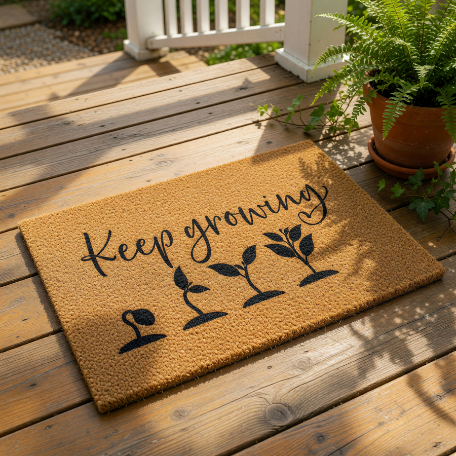 Keep Growing coir doormat featuring a black plant growth cycle graphic on a natural fiber welcome mat, perfect for a garden lover home entrance or front porch decor with a durable outdoor rug design for housewarming.