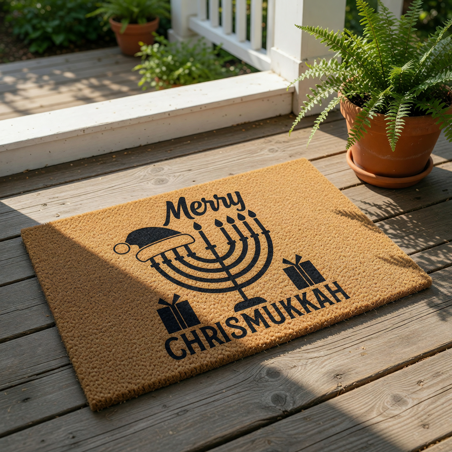 Merry Chrismukkah doormat featuring a black menorah with a Santa hat and gift boxes on a natural coir fiber welcome mat, perfect for holiday home decor and festive front porch entryways during the winter season.