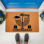 Holiday doormat featuring a menorah with a winter hat and gift boxes, this natural coir welcome mat is a festive floor rug for your front porch decor, perfect for seasonal home entryways and winter holiday housewarming