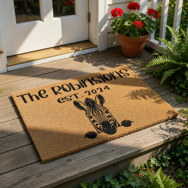 Personalized zebra doormat featuring a cute animal illustration on natural coir fiber, this custom family name welcome mat is a durable outdoor floor rug for your front porch entry, perfect for housewarming or new home decor.
