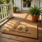 Home is where my plants are coir doormat featuring black ink illustrations of three potted houseplants, this natural fiber welcome mat is a stylish front porch decor piece for plant lovers and indoor garden enthusiasts.
