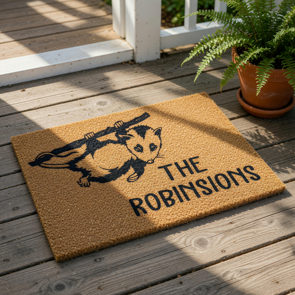 Personalized opossum doormat featuring a cute hanging animal illustration on natural coir fiber, this custom family name welcome mat is a funny outdoor porch rug for animal lovers and makes a unique housewarming entry decor piece.