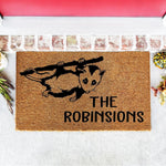 Personalized opossum doormat featuring a cute hanging animal illustration on natural coir fiber, this custom family name welcome mat is a funny outdoor porch rug for housewarming decor and unique home entrance floor mat styling.