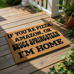 Funny coir doormat for front porch with humorous text about pizza and deliveries, this natural fiber welcome mat features bold black lettering on a durable outdoor rug that adds personality to any home entryway or front door