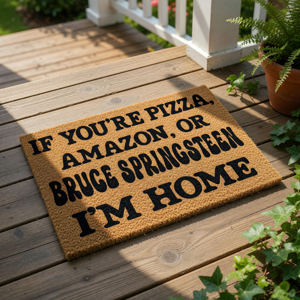 Funny coir doormat for front porch with humorous text about pizza and deliveries, this natural fiber welcome mat features bold black lettering on a durable outdoor rug that adds personality to any home entryway or front door