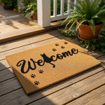 Cat welcome doormat with a black feline silhouette and paw prints on a natural coir fiber mat, this durable outdoor entrance rug features a script font design for cat lovers and pet owners looking for a cute front porch decor