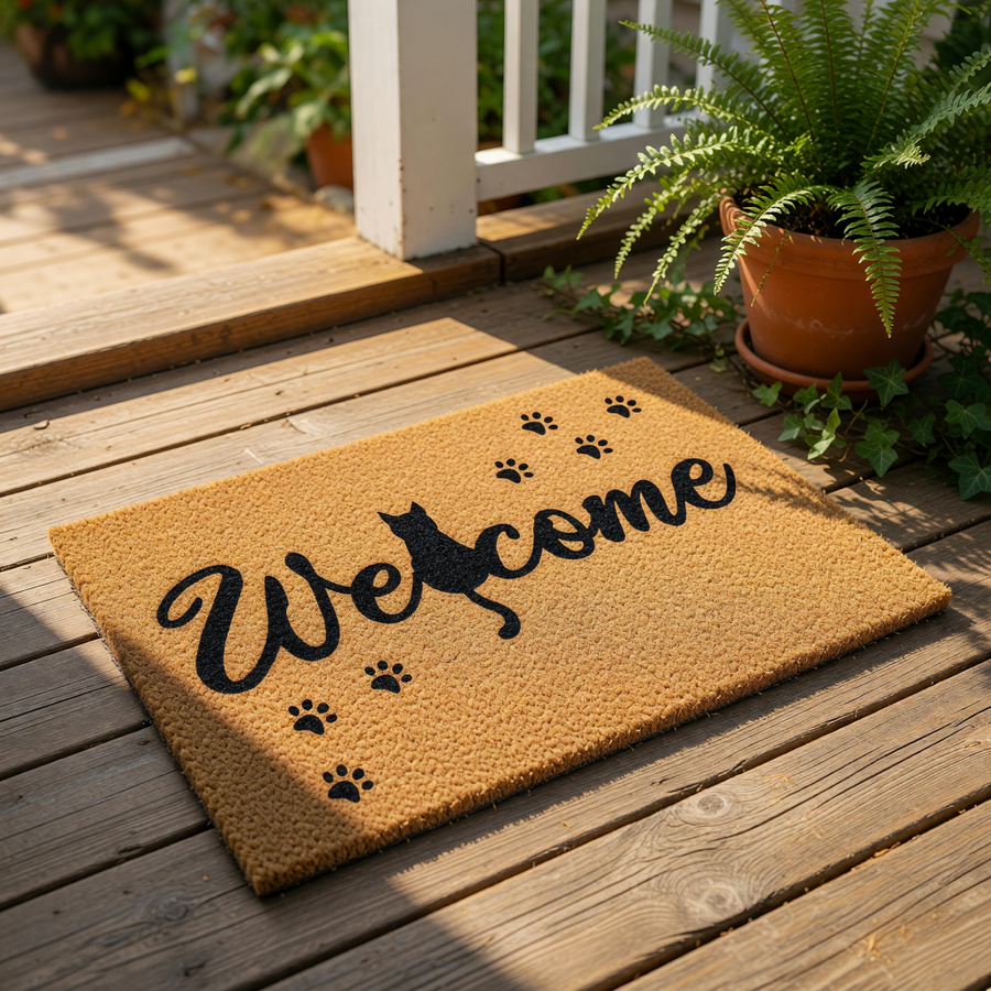 Cat welcome doormat with a black feline silhouette and paw prints on a natural coir fiber mat, this durable outdoor entrance rug features a script font design for cat lovers and pet owners looking for a cute front porch decor