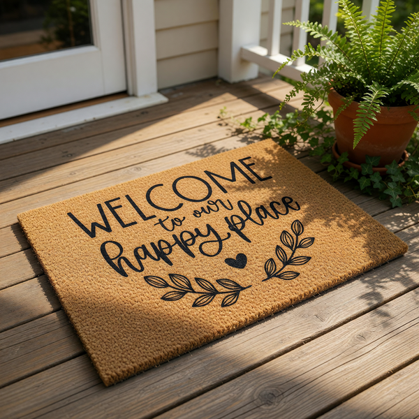 Welcome to our happy place doormat featuring natural coir fiber, this outdoor welcome mat has black script text and a heart leaf design for a stylish front porch entry decor piece that adds a warm touch to any home entrance.