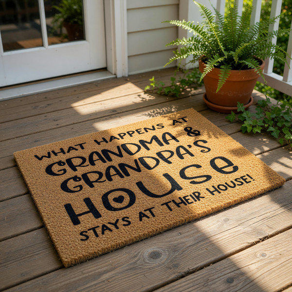 Grandma and Grandpa house doormat featuring funny text on natural coir fiber, this personalized welcome mat for grandparents makes a cute porch decor piece for the front door of a home with a potted fern plant nearby on the deck.