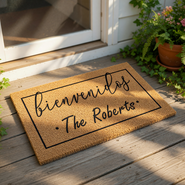 Personalized Bienvenidos doormat for front porch entry, featuring a natural coir fiber welcome mat with custom family name text in a modern script font, perfect for a housewarming gift or outdoor home decor entrance floor mat.