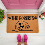 Personalized dog welcome doormat featuring a cute Golden Retriever illustration and custom family name text on natural coir fiber, perfect for a front porch entry way decor with a fun pet lover design for your home entrance.