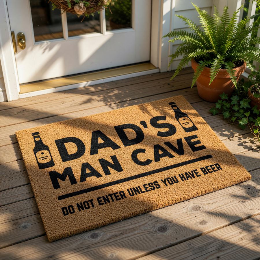 Dad's Man Cave doormat featuring a funny beer bottle design and the text Do Not Enter Unless You Have Beer, this natural coir fiber welcome mat is a humorous home decor piece for a garage, basement, or bedroom entrance for any