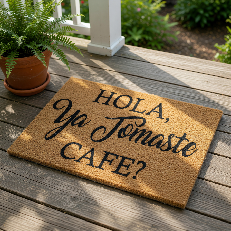 Funny Spanish coffee doormat for front porch, featuring a natural coir welcome mat with black text that reads Hola Ya Tomaste Cafe, a perfect housewarming gift for coffee lovers placed on a rustic wood deck with a potted fern