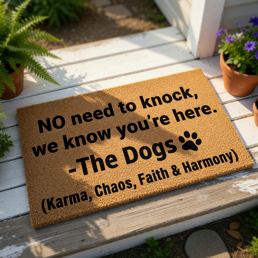 Funny dog doormat for pet lovers featuring the text No need to knock we know you are here from the dogs, this natural coir fiber welcome mat is a durable outdoor floor rug for front porches and entryways with a cute paw print