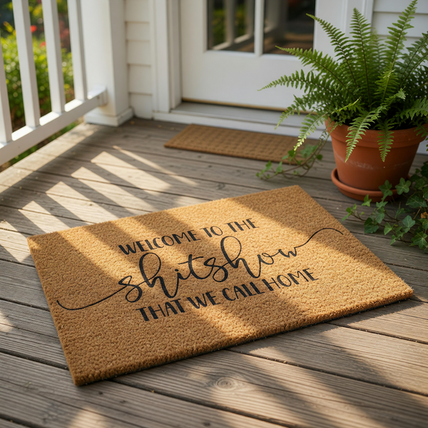 Funny welcome doormat with the text Welcome to the shitshow that we call home, featuring a natural coir fiber texture on a wood porch, this sarcastic front door mat is a humorous housewarming decor piece for your entryway or