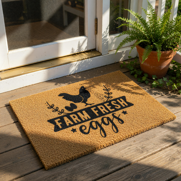 Farm Fresh Eggs coir doormat featuring a black chicken silhouette and rustic farmhouse typography on a natural brown fiber welcome mat, perfect for a country kitchen porch decor or a rustic outdoor entryway floor rug.