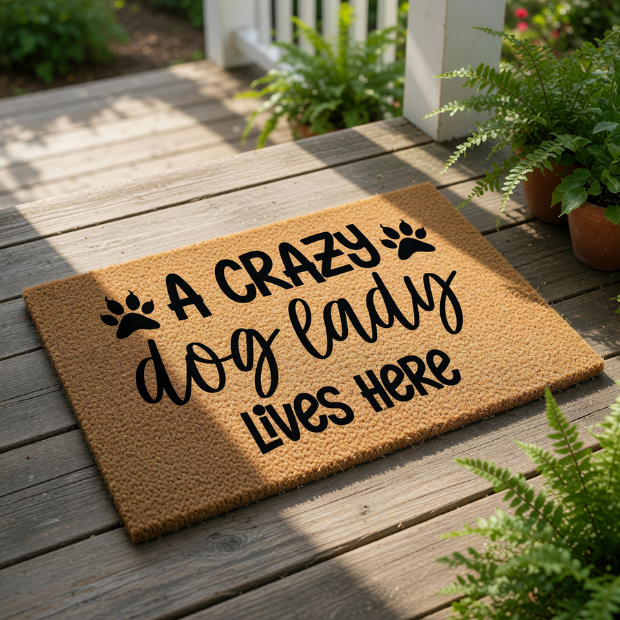 Crazy dog lady doormat with paw print design, a funny coir welcome mat for pet lovers featuring bold black text on a natural fiber rug, perfect for front porch decor or a housewarming present for any dog mom who loves her pets.