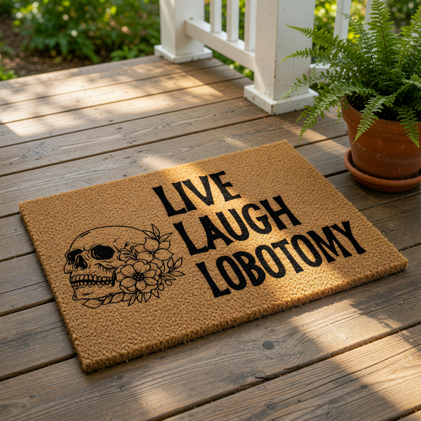 Funny skull floral doormat with dark humor text on a natural coir welcome mat, perfect for gothic home decor or a spooky front porch entrance, featuring a detailed skull illustration and bold black lettering on a durable fiber