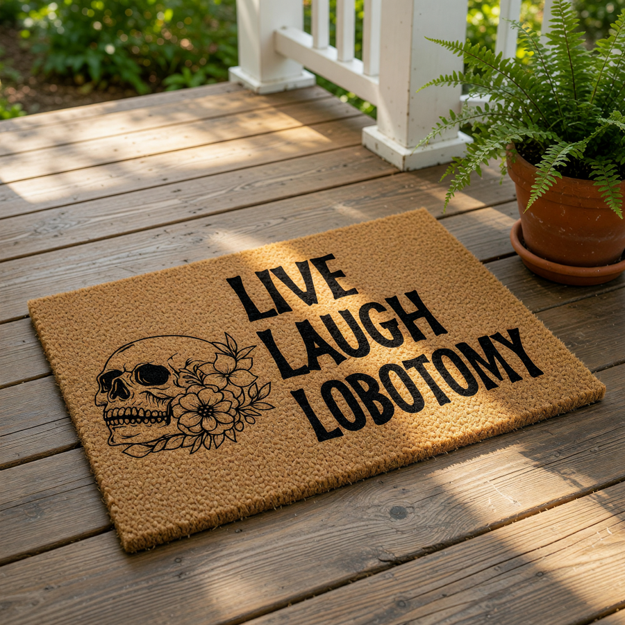 Funny skull floral doormat with dark humor text on a natural coir welcome mat, perfect for gothic home decor or a spooky front porch entrance, featuring a detailed skull illustration and bold black lettering on a durable fiber