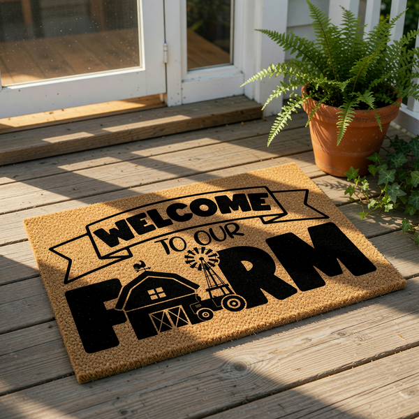 Welcome to our farm coir doormat featuring a rustic barn, windmill, and tractor design in black ink on a natural fiber welcome mat, perfect for farmhouse porch decor and outdoor entryway floor mats for country home entrances.