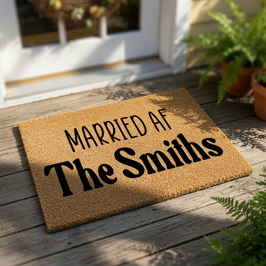 Personalized Married AF doormat for couples, a funny custom coir welcome mat with bold black text on a natural fiber rug, perfect for a wedding or housewarming entry decor that adds humor to your front porch or home entryway.