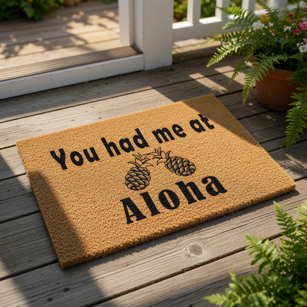 Pineapple welcome doormat with tropical island theme, featuring the text You had me at Aloha printed on natural coir fiber.