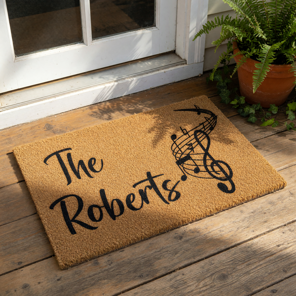 A door mat with the name "The Roberts" and a musical note design printed on it.