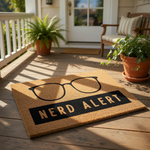 Nerd Alert doormat featuring black glasses graphic on natural coir fiber, this funny welcome mat is a quirky front porch decor piece for geeks and book lovers who want a unique, humorous entrance rug for their home or apartment.