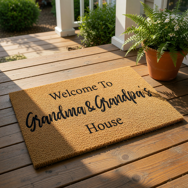 Grandma and Grandpa welcome doormat featuring natural coir fiber material with black printed text that reads Welcome to Grandma and Grandpa's House, a durable outdoor floor mat for a front porch or entryway home decor.