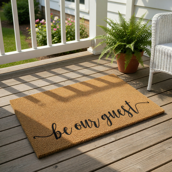 Be Our Guest coir doormat featuring natural fiber construction and elegant black script lettering, this durable outdoor welcome mat adds a stylish touch to your front porch entryway decor for guests and visitors.