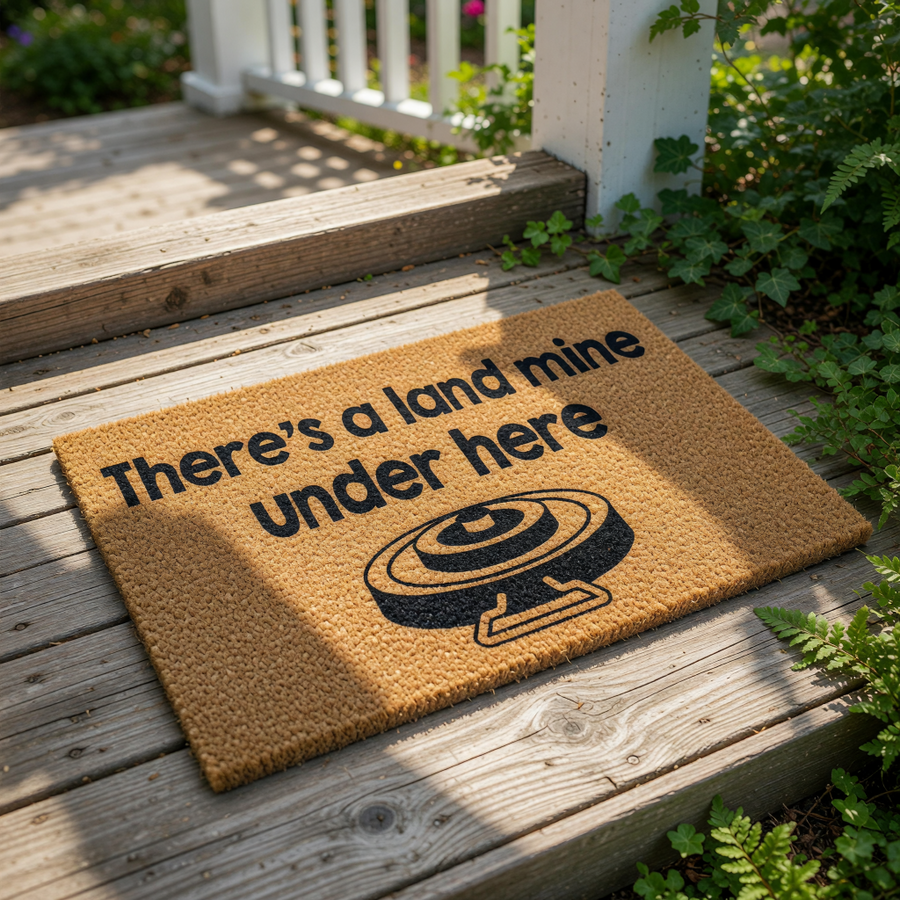 Funny land mine doormat with a natural coir fiber texture and bold black text that reads There is a land mine under here, making this a humorous outdoor welcome mat for your front porch or entryway decor for guests and visitors.