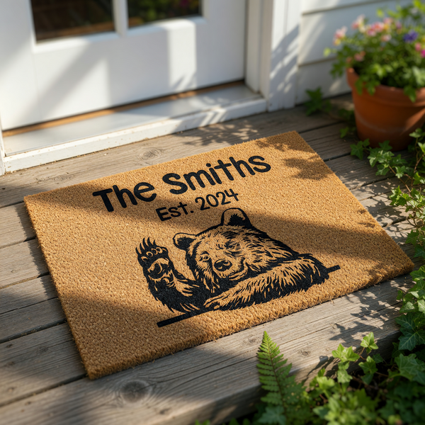 Personalized bear welcome doormat featuring a waving black bear illustration on natural coir fiber, perfect for a custom family name entry rug or rustic cabin porch decor that adds a charming touch to your home entrance.