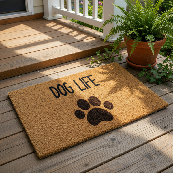 Dog Life coir doormat featuring a brown paw print design on natural fiber, this durable outdoor welcome mat is a fun pet lover home decor piece for your front porch entrance and a great housewarming item for any dog owner.