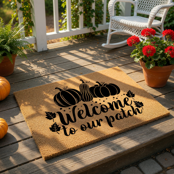 Fall pumpkin welcome doormat for front porch decor, featuring a natural coir fiber mat with black script text that reads Welcome to our patch, perfect for autumn home entryways and seasonal outdoor house decorations.